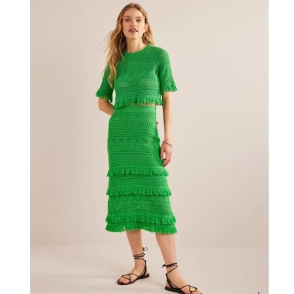NWT Boden Cropped Crochet T-Shirt and Fringe Knitted Skirt Bright Green Size S/M